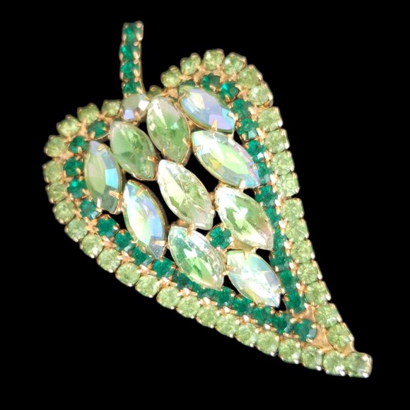 Vintage Shades of Green Rhinestone Leaf Brooch Pin - Picture 1 of 10